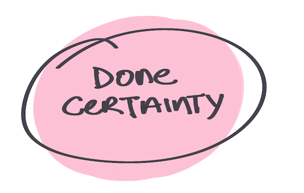 Handwritten text that reads “Done Certainty” in black marker, encircled and layered over a soft pink blob.