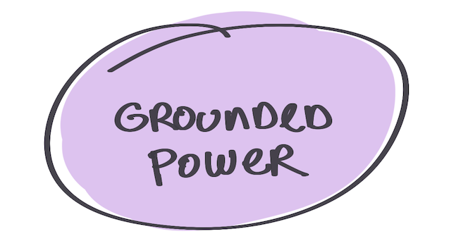 Handwritten text that reads “Grounded Power” in black marker, encircled and layered over a soft purple blob.