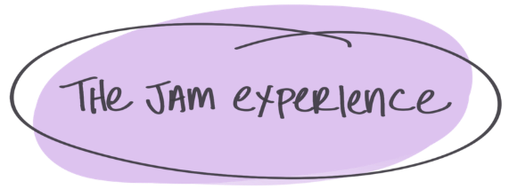 Handwritten text that reads “The Jam Experience” in black marker, encircled and layered over a soft purple blob.